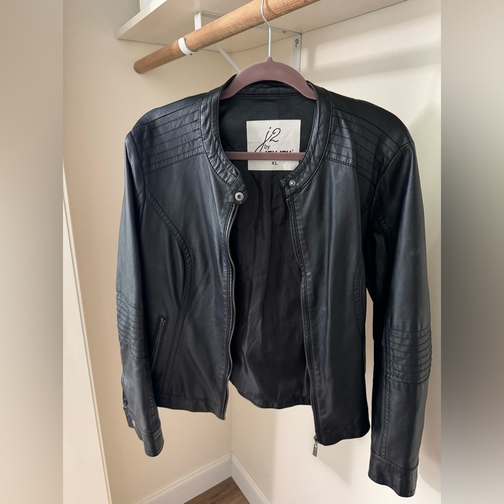 Jou Jou Black Leather Moto Jacket with Quilted Details